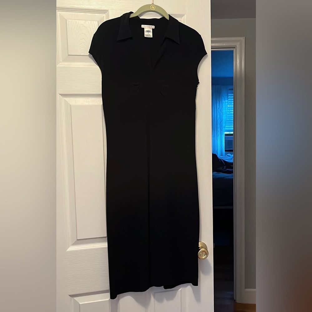 Old Navy Black Midi Dress with Collared V-Neck